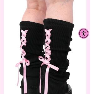 My violet Black Leg Warmers with Pink Ribbon Detail
